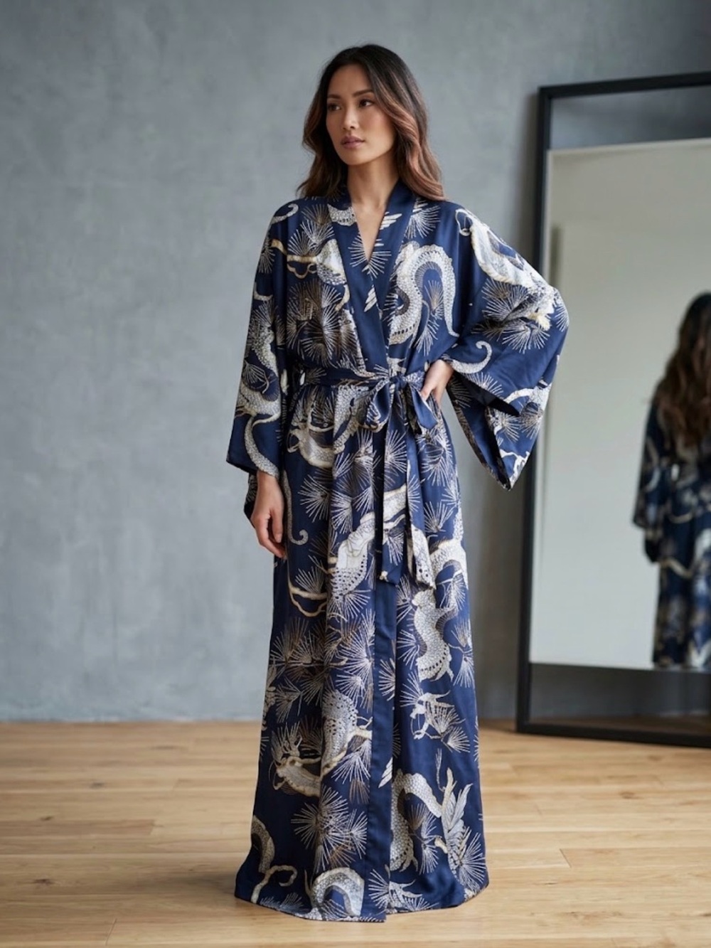 VTG Japanese Cotton Dragon Print Kimono Robe XL